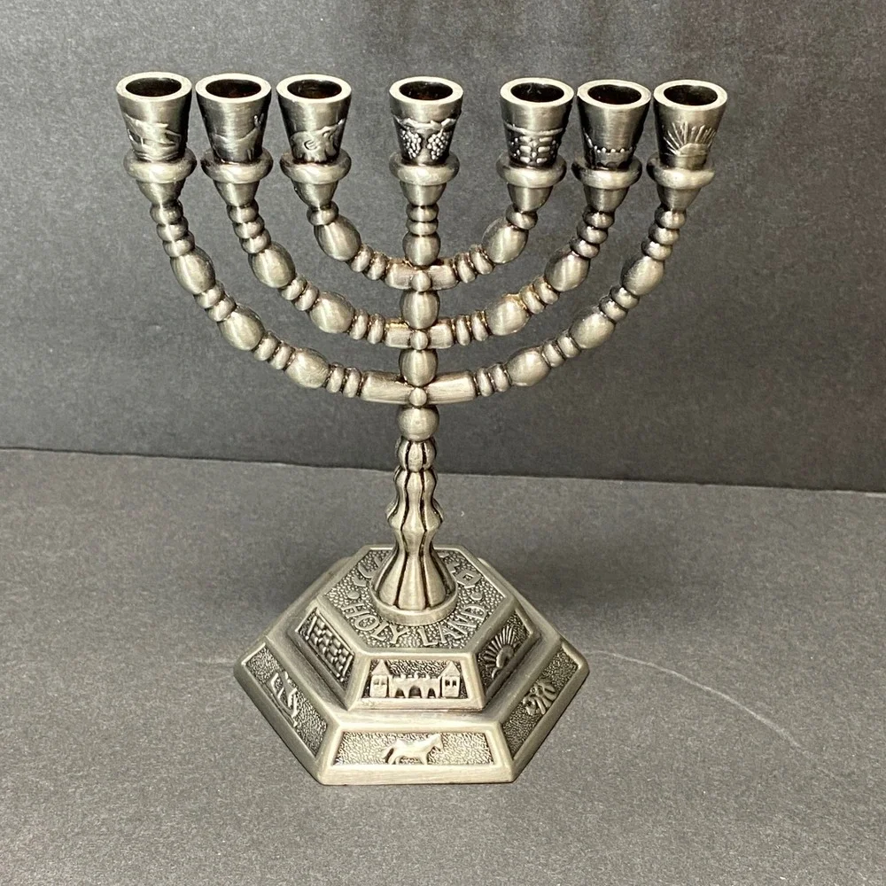 Vintage 12 Tribes of Israel Metal Hanukkah Menorah Jewish Candelabra Religious‎